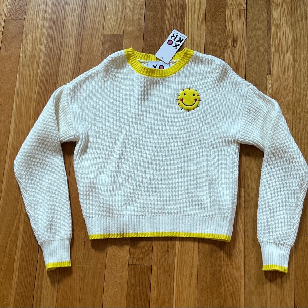 XOKR Knit Cream Sweater with Yellow Trim and Smiley Patch. NWT. Womens XS.
